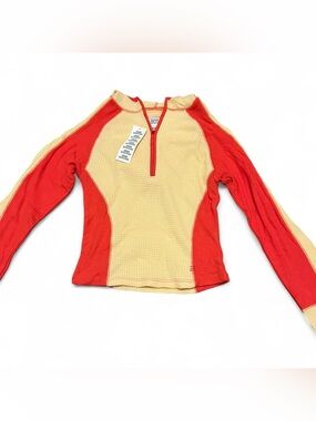 BDG Waffle Knit Quarter-Zip Pullover in Light Yellow with Red Trim